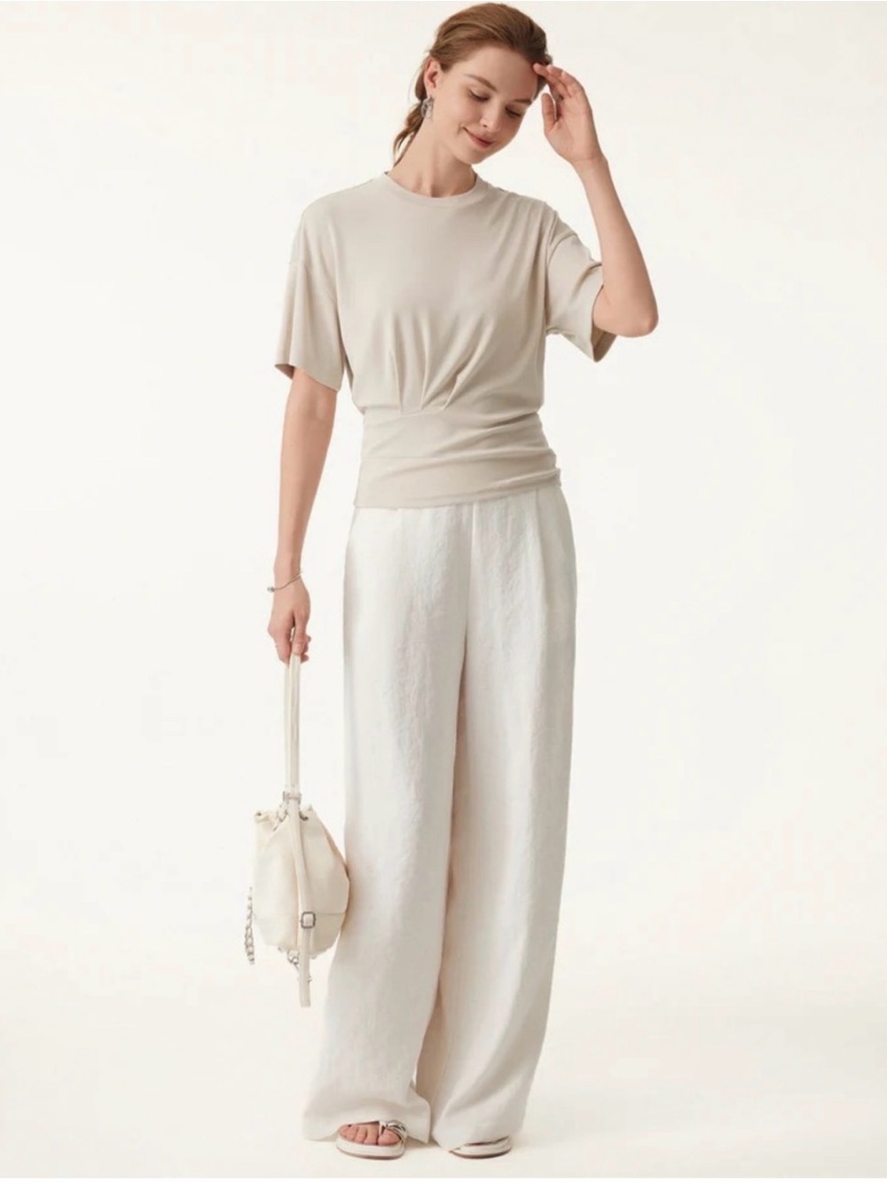 NWT OGL Soft Draped Sandwashed Morning Mist Cream Tucked Fit Tee